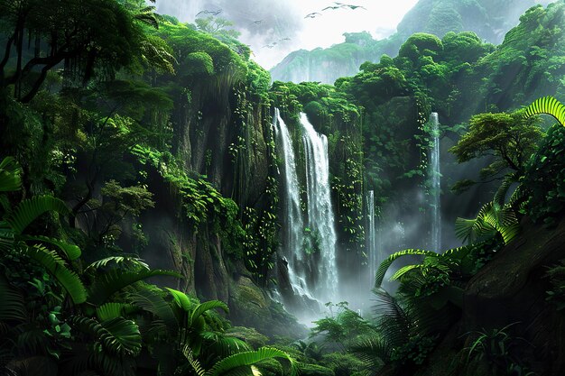 Ethereal mystical waterfall hidden in a lush forest background