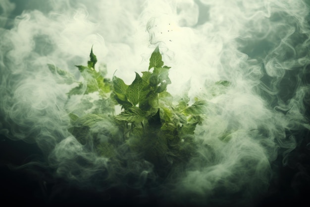 Photo ethereal nature green leaves in mist