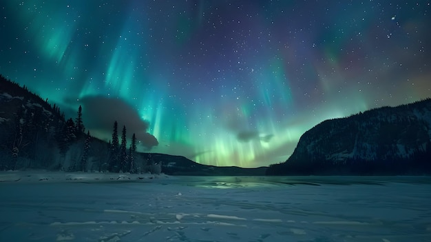 Ethereal Northern Lights Above a Frozen Lake and Mountains