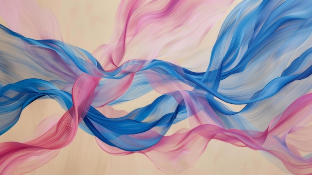 Ethereal pink and blue fabric waves intertwine against a neutral backdrop