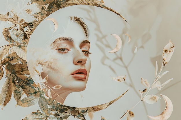 Photo ethereal portrait of woman with natural elements and moon motifs