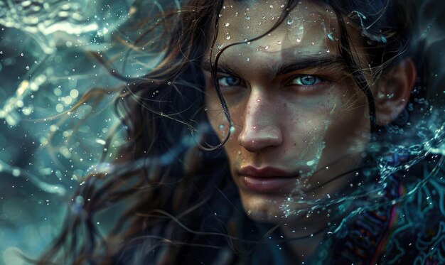 Ethereal portrait of a young man with flowing long hair and clothes decorated with feathers young shaman portrait