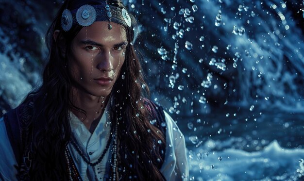 Ethereal portrait of a young man with flowing long hair and clothes decorated with feathers young shaman portrait