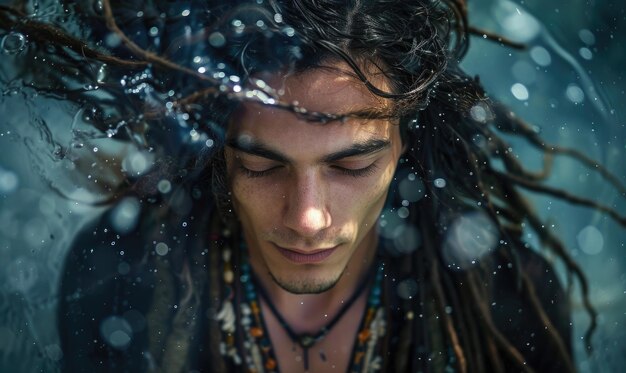 Ethereal portrait of a young man with flowing long hair and clothes decorated with feathers young shaman portrait