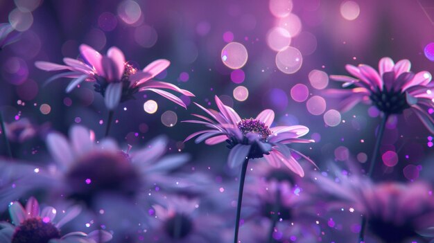 Photo ethereal purple flowers in a dreamy garden background with shimmering bokeh lights creating a magical atmosphere