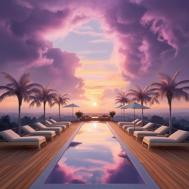 Ethereal Rooftop Sanctuary A Dreamscape of Sunset Hues and Tropical Serenity