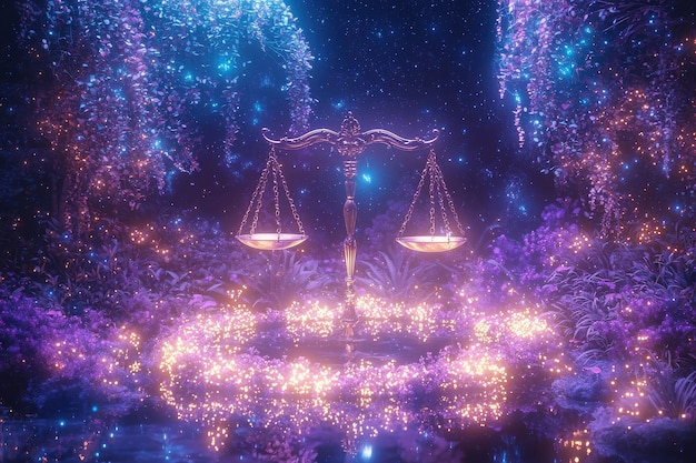 Ethereal scales of justice amidst glowing cosmic nebula