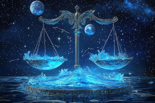 Ethereal scales of justice in cosmic space with moons and planets