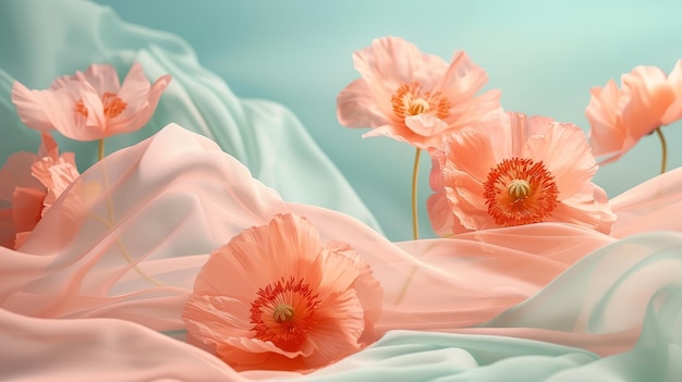 Ethereal scene of large pastel pink poppies resting on the ground with soft coral and muted turquoise huesaccentuated by gently drifting pastel satin fabrics against a plain azure backdrop