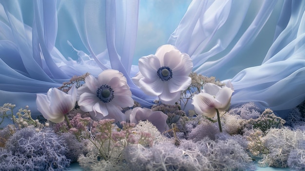 Ethereal and serene pastelhued anemone flowers blooming amidst floatingbillowing mauve and cyan fabrics against a calmtextured background A whimsicalromanticand delicate natural scene