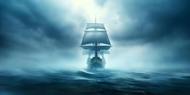 Photo ethereal ship emerges from stormy sea with ghostly crew bound by fate concept ghost ship stormy sea ethereal fate ghostly crew