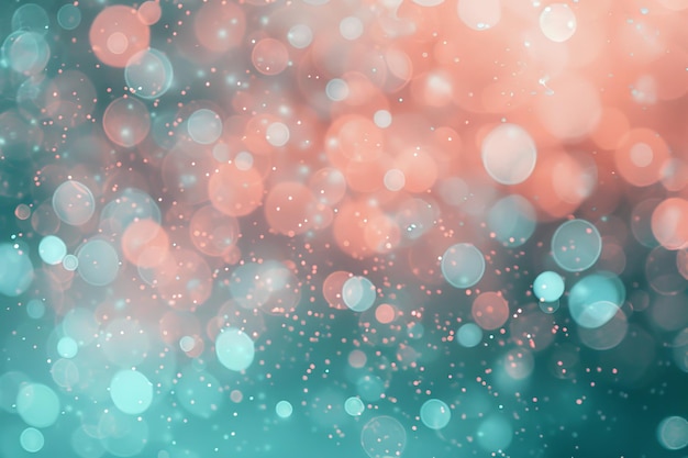 Ethereal silver bokeh on teal green and coral defocused background for banner design