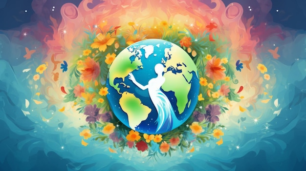 Ethereal spirit embracing earth amidst a floral swirl perfect for themes of global care and harmony