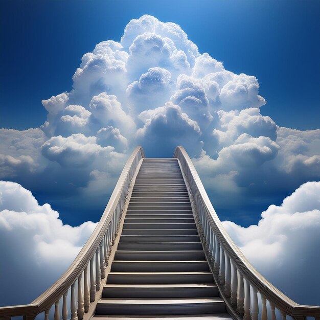 Ethereal stairways winding through hyperrealistic cumulus formations