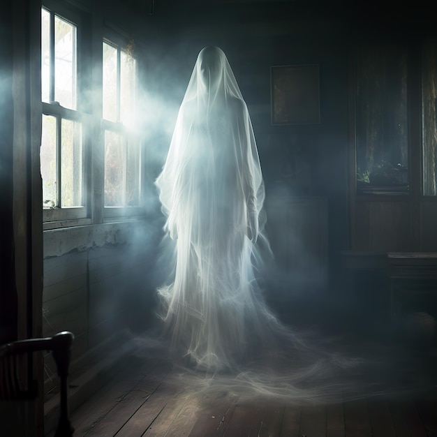 Ethereal translucent ghost in a haunted house