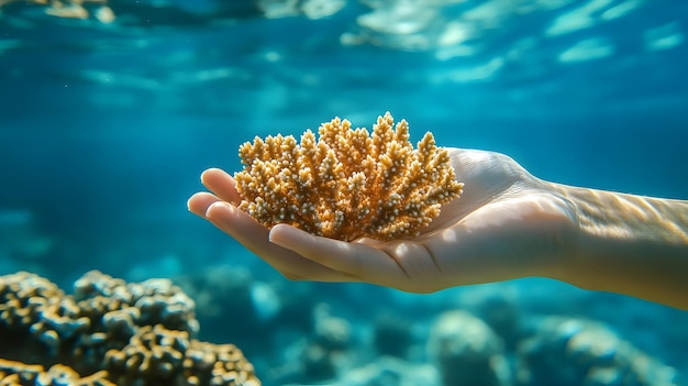 Photo ethereal underwater embracecoral reef cradled in a gentle hand