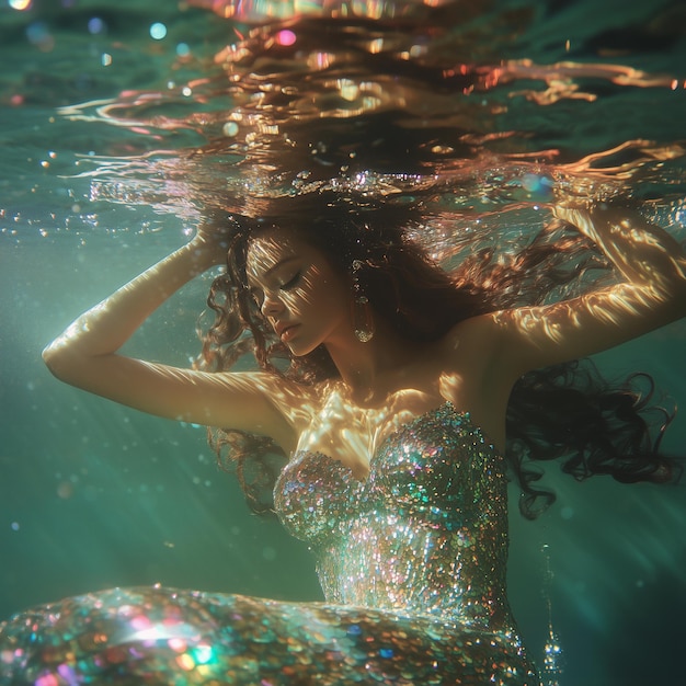 Ethereal underwater goddess iridescent scales soft lighting