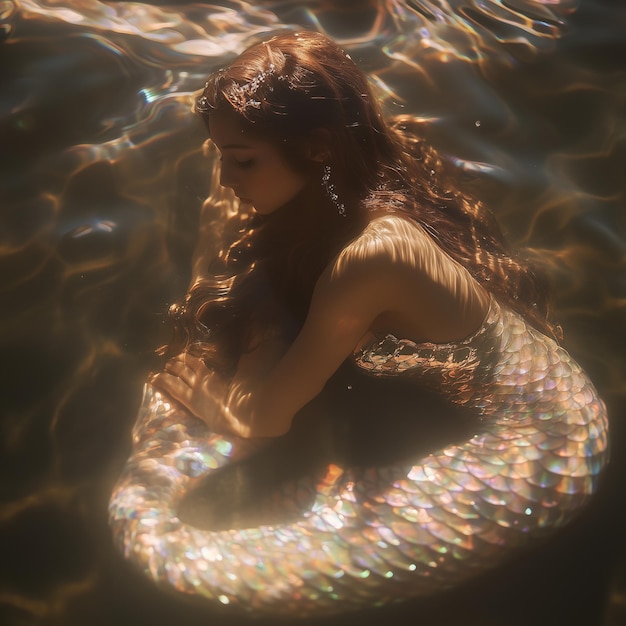 Ethereal underwater goddess iridescent scales soft lighting