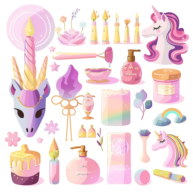 Ethereal Unicorn Meadow Spa Set Presenting Dreamy Pink and S Illustration Furniture Game Assets