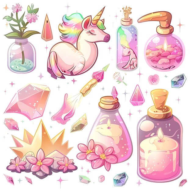 Ethereal Unicorn Meadow Spa Set Presenting Dreamy Pink and S Illustration Furniture Game Assets