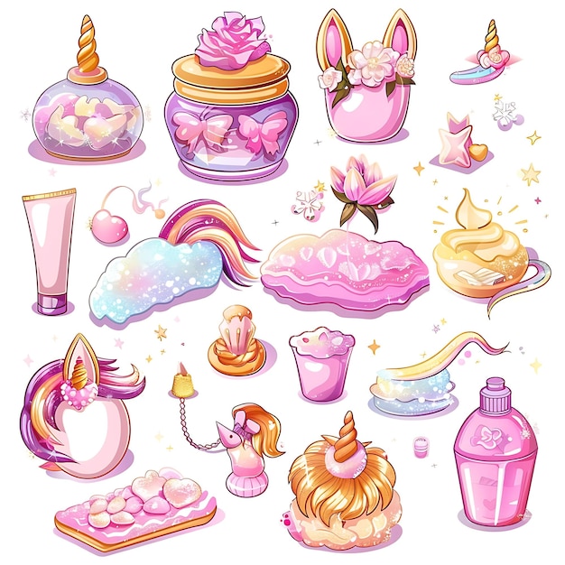 Ethereal Unicorn Meadow Spa Set Presenting Dreamy Pink and S Illustration Furniture Game Assets