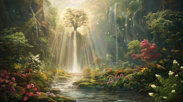 An ethereal vision of the Garden of Eden with lush vibrant flora and fauna a crystalclear river