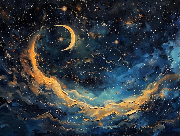 Ethereal Watercolor Depiction of Celestial Nocturnal Serenity