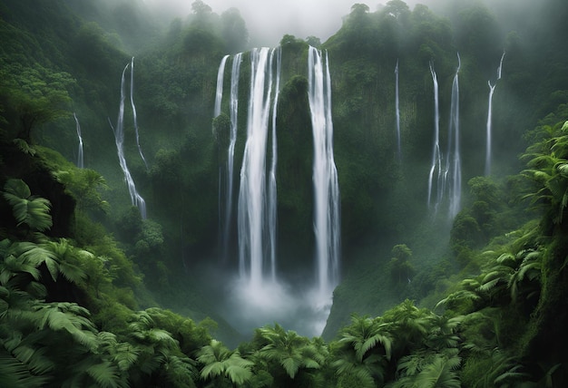 Ethereal Waterfalls Defying Gravity in a Misty Wonderland