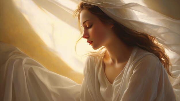 Ethereal woman bathed in soft heavenly light and grace