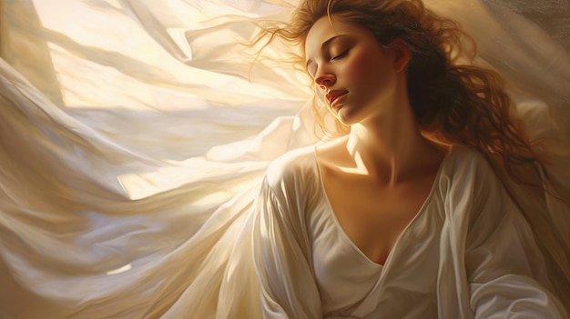 Ethereal woman bathed in soft heavenly light and grace