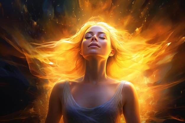 Photo ethereal woman embracing fiery energy