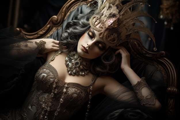 Ethereal woman in intricately decorated headpiece and gown exuding elegance