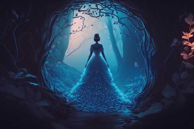 Ethereal woman in long dress in fantasy landscape