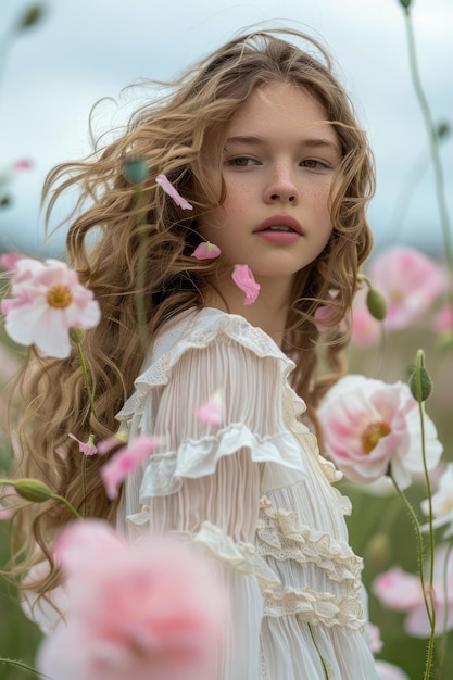 Ethereal Young Woman with Flowing Hair Amongst Pale Pink Blossoms Dreamy Natural Beauty Serene