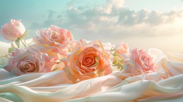 Etherealdreamy landscape featuring soft pastel roses resting on the groundsurrounded by billowing satin fabrics in delicate shades of melon and seafoam against a plain pastel sky backdrop