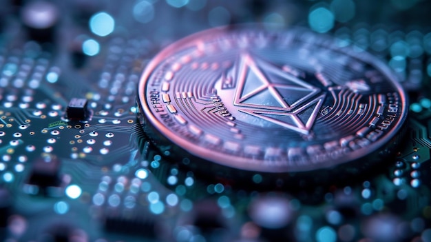 Photo ethereum coin on modern technology background