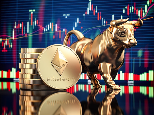 Ethereum coin with bull and stock chart Bullish market of ETH