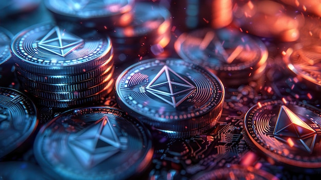 Photo ethereum coins with neon lights representing cryptocurrency and digital finance