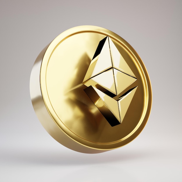 Ethereum cryptocurrency coin. Gold 3d rendered coin with Ethereum symbol isolated on white background.