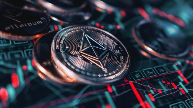 Photo ethereum cryptocurrency coins on a digital market background with red and green stock price indicators blockchain and digital currency concept