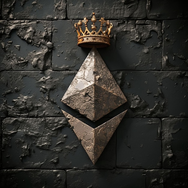 Ethereum Symbol With Gold Crown on Black Brick Wall