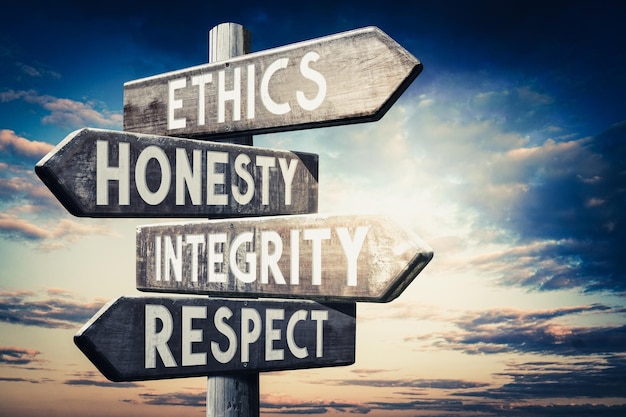 Ethics honesty integrity respect wooden signpost with four arrows sunset sky in background