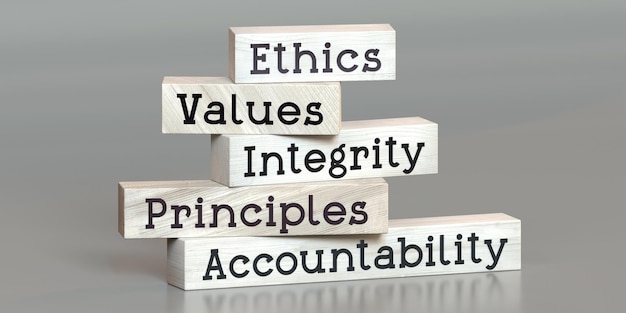 Photo ethics values integrity principles accountability words on wooden blocks