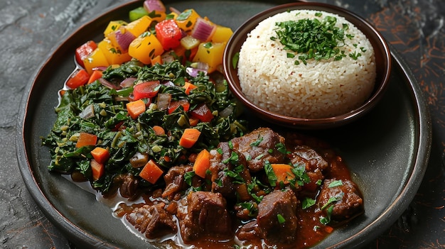 Photo ethiopian food plate with beef stew cabbage rice and vegetables