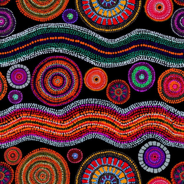 Ethnic design with dots, circles and waves. Glowing neon seamless pattern. Hand painting in australian aboriginal style