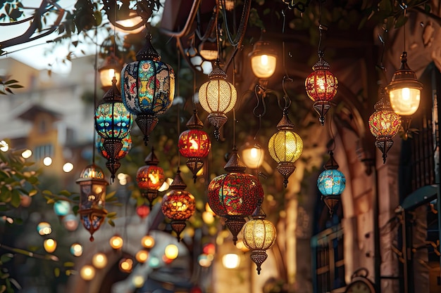 ethnic lamps hanging from the roof of the old city in the style of Arabic architecture