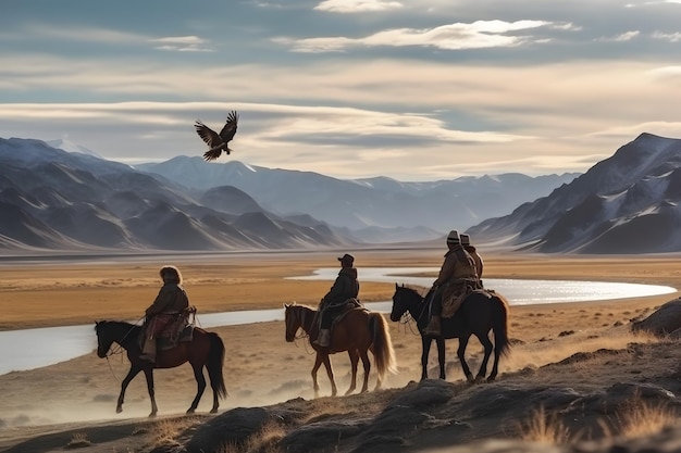 Ethnic Mongols in the steppe on horseback Neural network AI generated