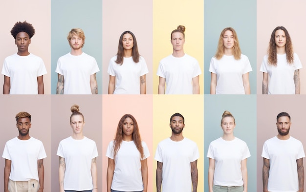 Ethnically Diverse Collage Young Adults in White TShirts with Relaxed Expression