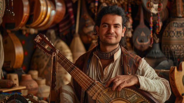 Photo the ethnomusicologist holding the traditional guitar inside the workshop aig43