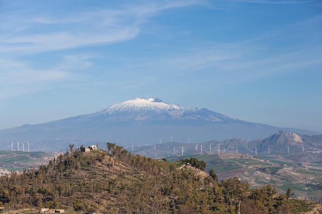 Etna volcano seen from the countryside of Morgantina Sicily